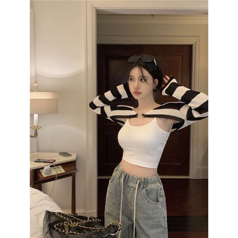 Áo khoác cardigan ZHELIHANGFEI dệt kim tay dài chống nắng họa tiết kẻ sọc thời trang quyến rũ