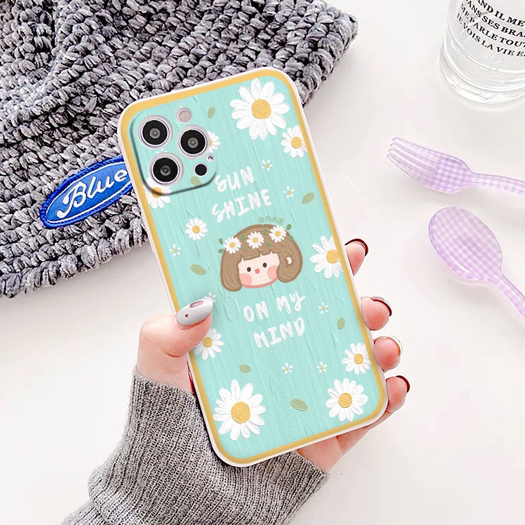Ốp lưng iPhone ốp viền vuông cô gái và hoa nhí từ iP 6 đến  13 promax