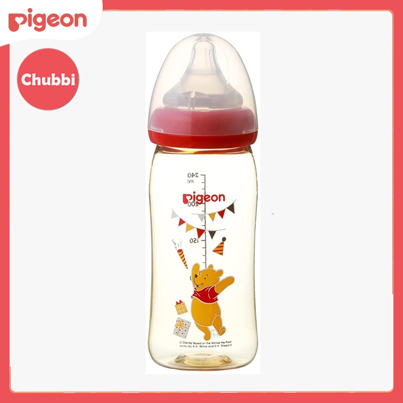 Bình sữa Pigeon PPSU Plus Cổ Rộng Pooh 160ml (S)/240ml (M) Kèm Núm Vú Size S/M