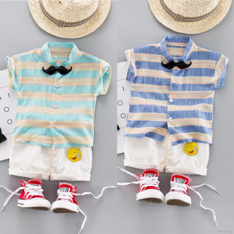 Bộ áo sơ mi họa tiết sọc và quần ngắn thời trang mùa hè cho bé