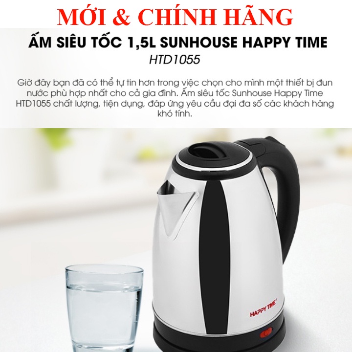 Ấm Siêu Tốc Inox 1.5L Happy Time HTD1055 - Bình Đun Siêu Tốc An Toàn