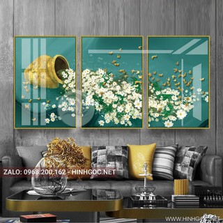 Bộ 3 bức tranh Hoa tráng gương pha lê giá xưởng treo phòng khách, phòng ngủ sang trọng