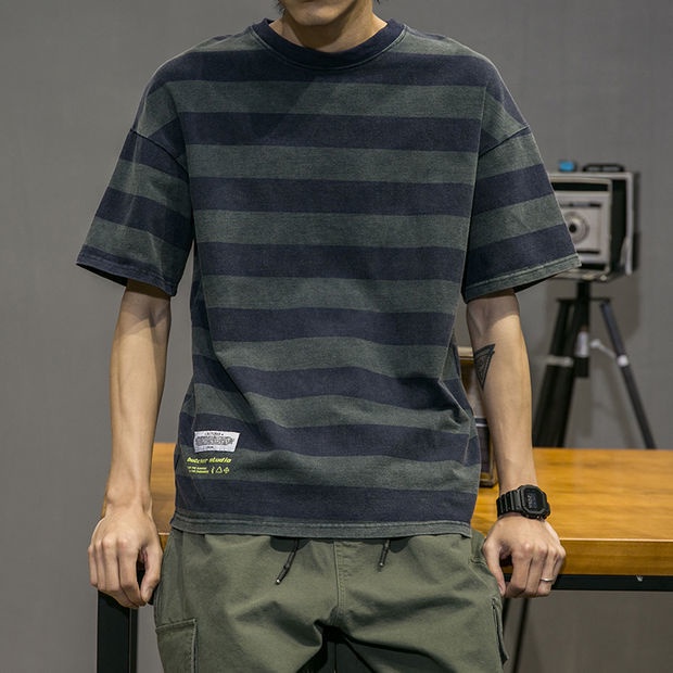 Áo Thun Trơn Ngắn Tay Cổ Tròn Kẻ Sọc Thời Trang Mùa Hè Hàn Quốc Dành Cho Nam lelaki 3xl2022