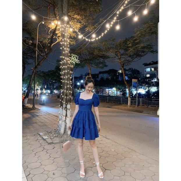 Đầm bánh bèo họa tiết ống tay phồng đáng yêu vải thoáng mát 4 màu đen trắng xanh và hồng màu nào cũng dễ thương