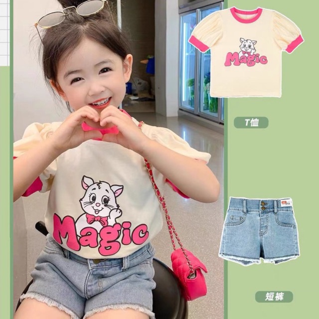 Set Bộ Bé Gái Áo Magic Cotton Tay Bồng Phối Quần Bò Mềm Đi Học, Đi Chơi