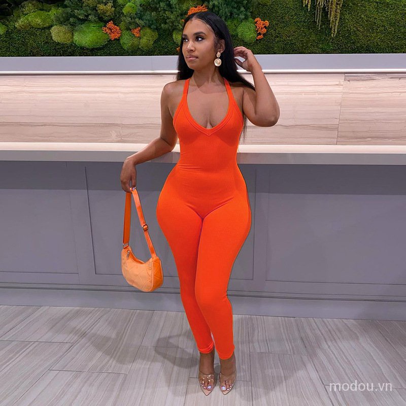 Jumpsuit Cotton Cổ Chữ V Hở Lưng Quyến Rũ