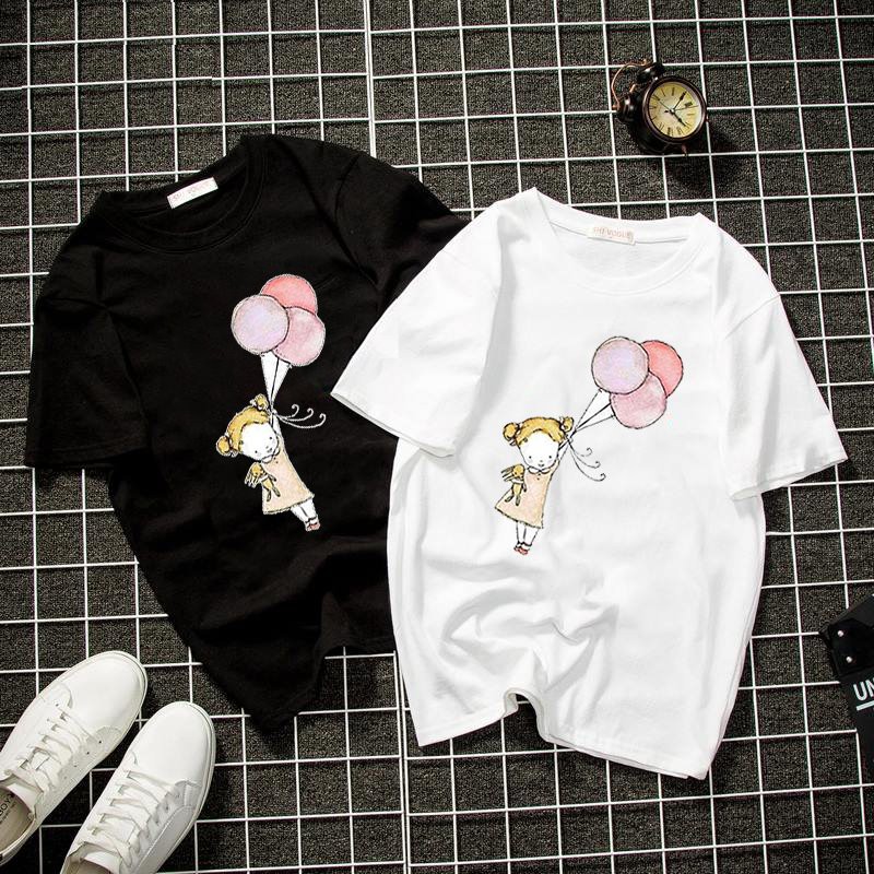 Áo thun Unisex form rộng cô bé thả bóng bay Hàn Quốc vải dày mịn 2019T1551