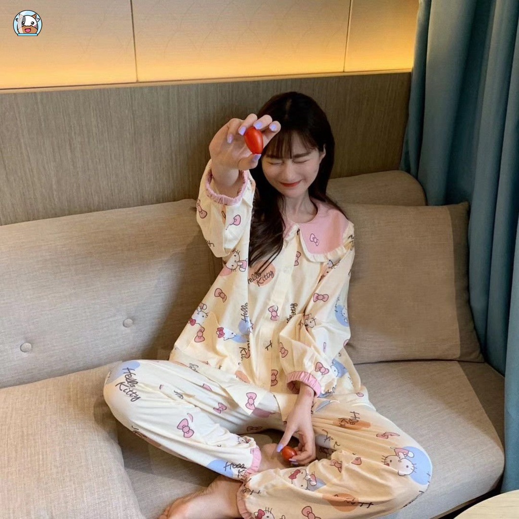 Bộ Đồ Ngủ Tay Dài In Họa Tiết Hoạt Hình Mèo Kitty Dễ Thương Thời Trang Xuân Thu Cho Nữ
