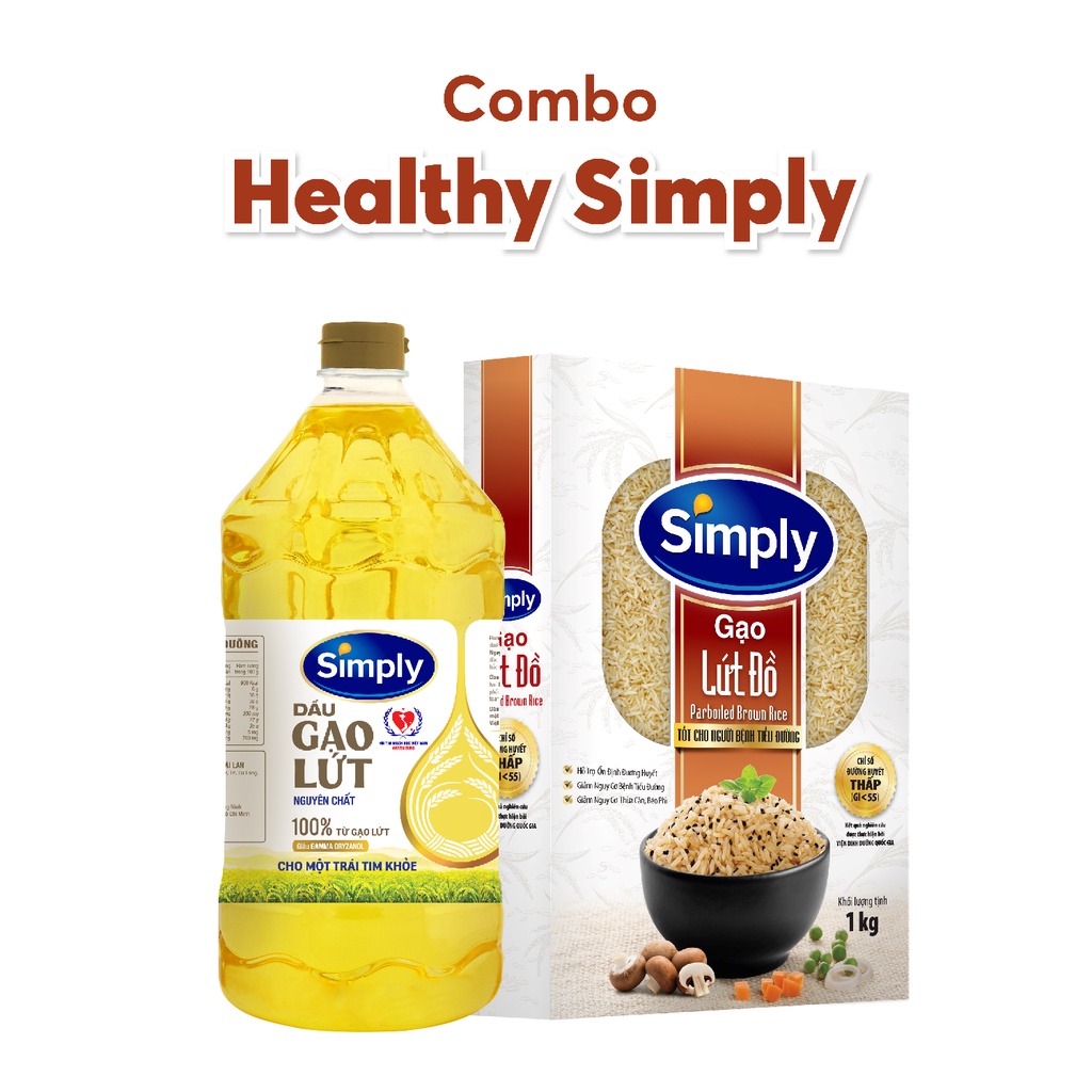 Combo Dầu gạo lứt Simply 2L &amp; Gạo lứt đồ 1kg