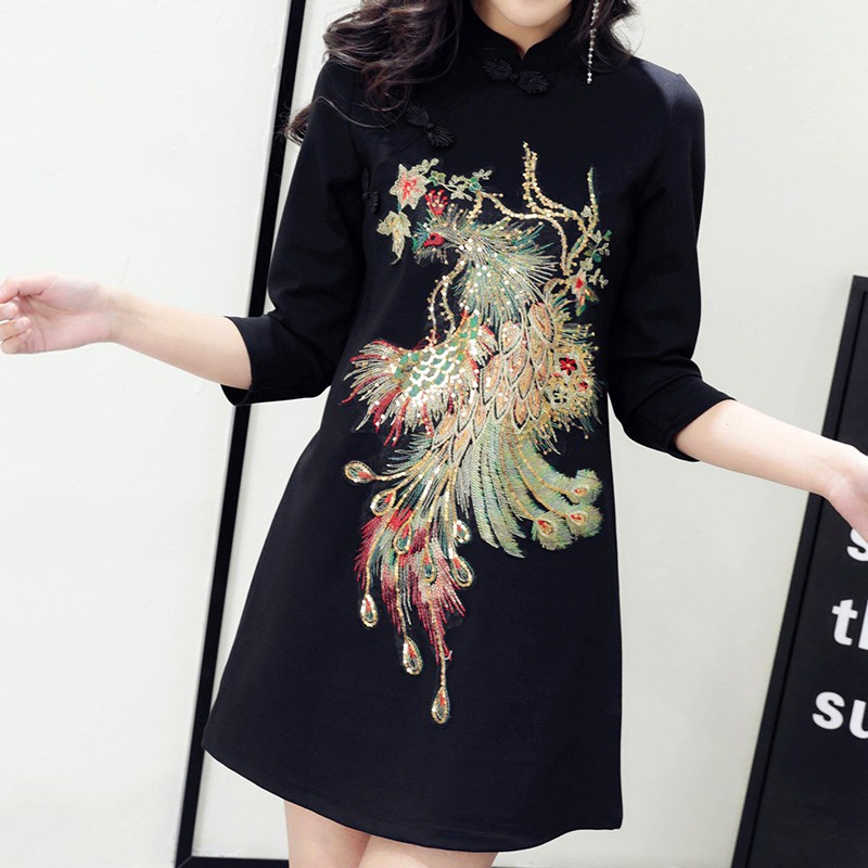 Đầm béo/ Váy béo size 2XL - Váy đen thêu chim phượng