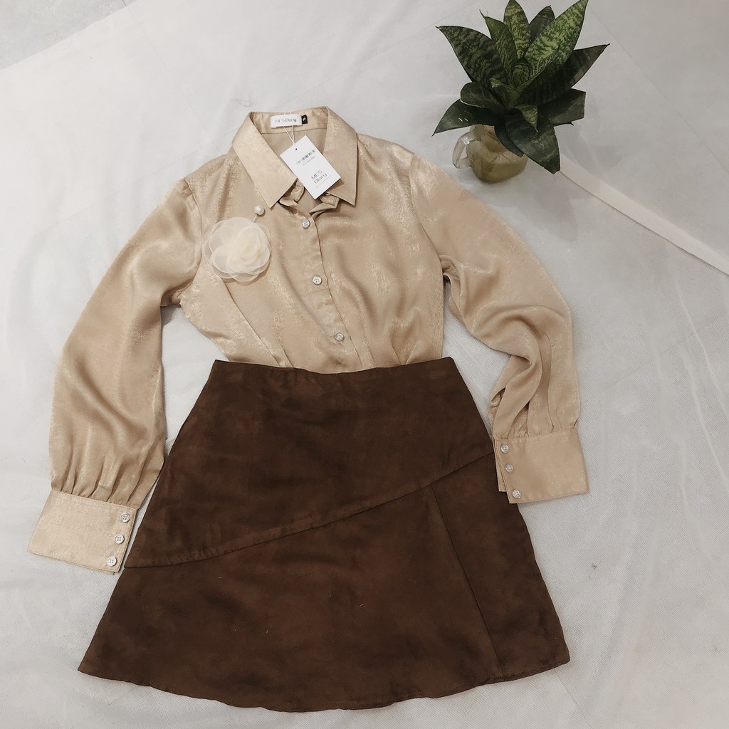 Chân váy chữ A, chất dạ tweed, da lộn, 2 lớp lót quần, màu đỏ/nâu | BigBuy360 - bigbuy360.vn