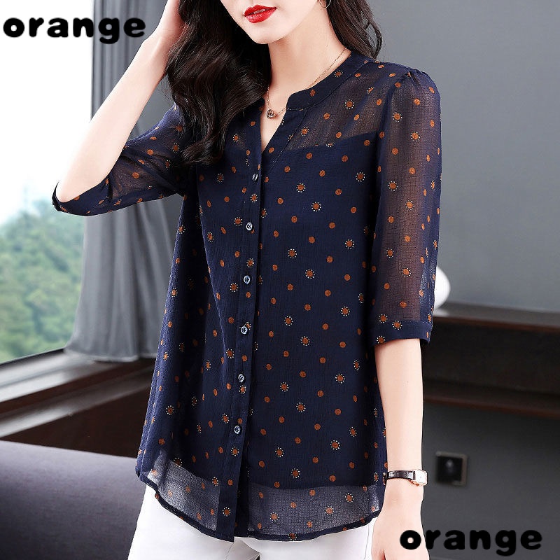 Áo Sơ Mi Chiffon Tay Ngắn Họa Tiết Chấm Bi Plus Size Phong Cách Phương Tây Thời Trang Mùa Hè 2022 Cho Nữ Trung Niên R5YP