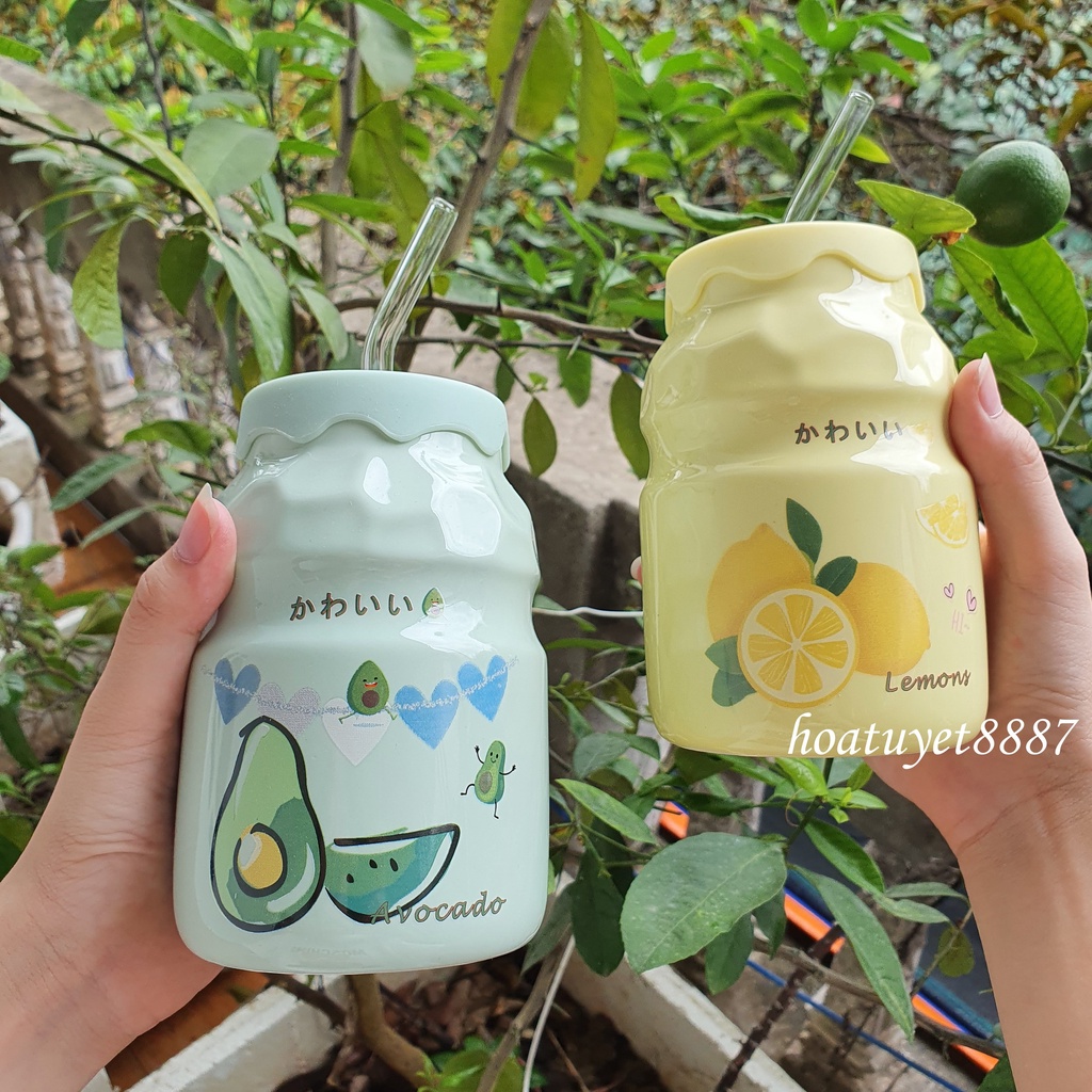 Ly cốc sứ uống nước Yakult họa tiết hoa quả có ống hút thủy tinh dung tích 420ml
