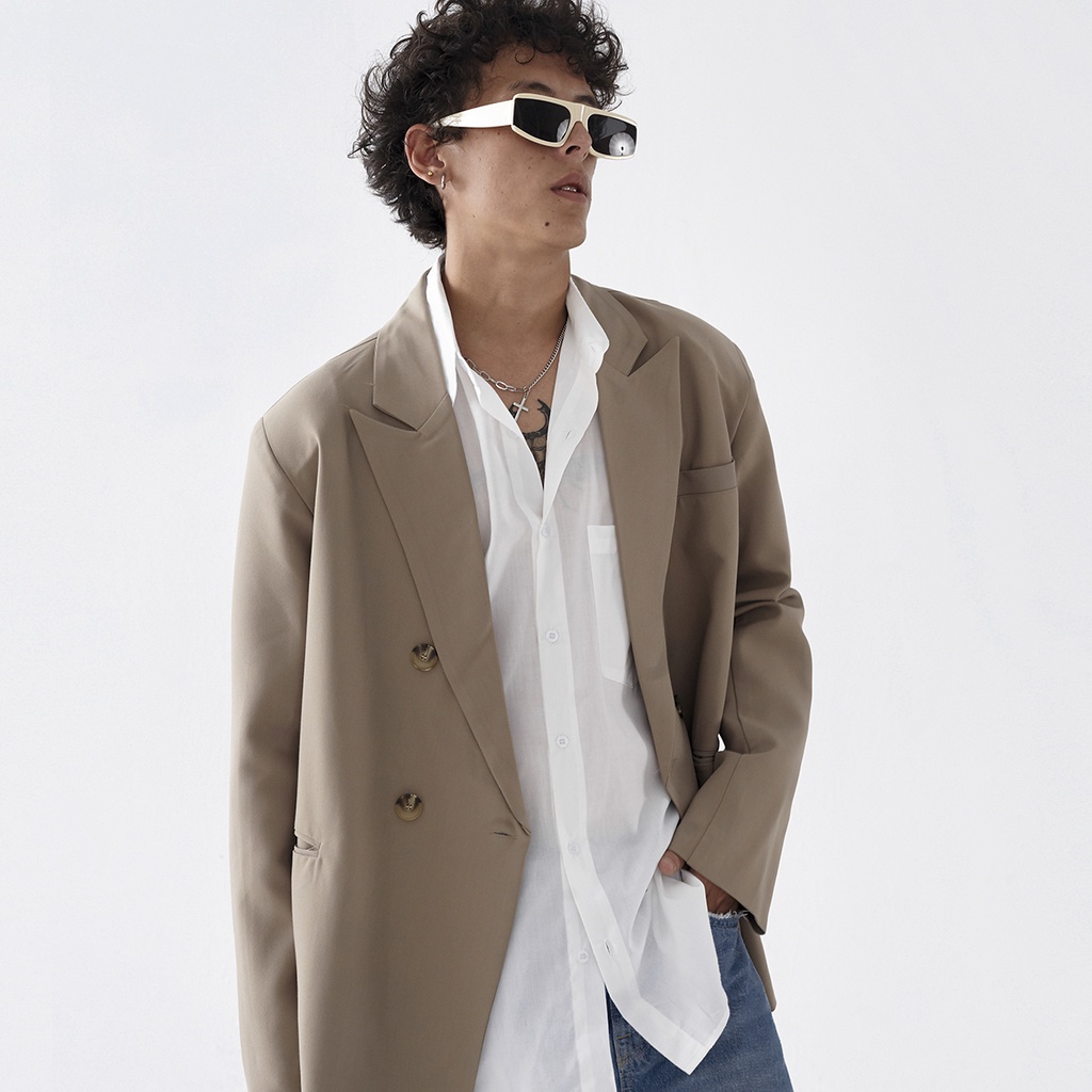 Áo Blazer, Vest Beige 2 hàng nút, vạt đắp chéo, form rộng - Double Breasted Beige Blazer