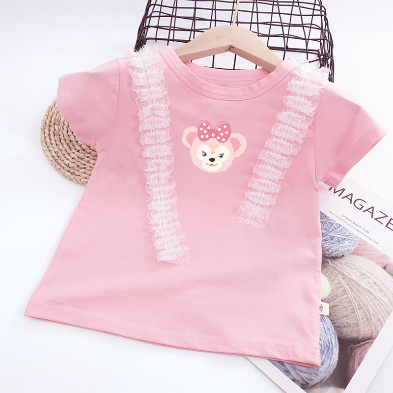 Áo Thun Cotton Cổ Tròn Phối Ren Họa Tiết Hoạt Hình StellaLou Nhiều Màu Sắc Dành Cho Nữ