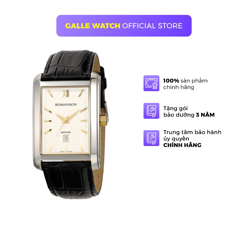 Đồng hồ Romanson Men Watch TL2625MCWH nam dây da mặt chữ nhật máy Thụy Sĩ mặt kính Sapphire chống xước chính hãng