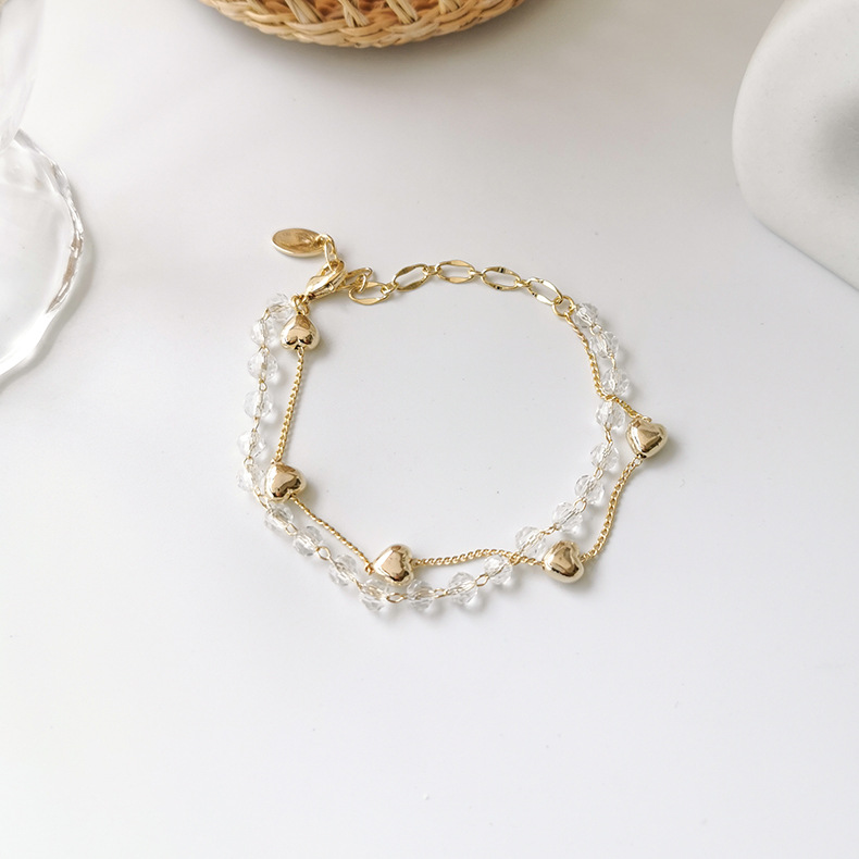 XiaoboACC Korea Fashion Crystal Love Double Layer Splicing Chain Bracelet