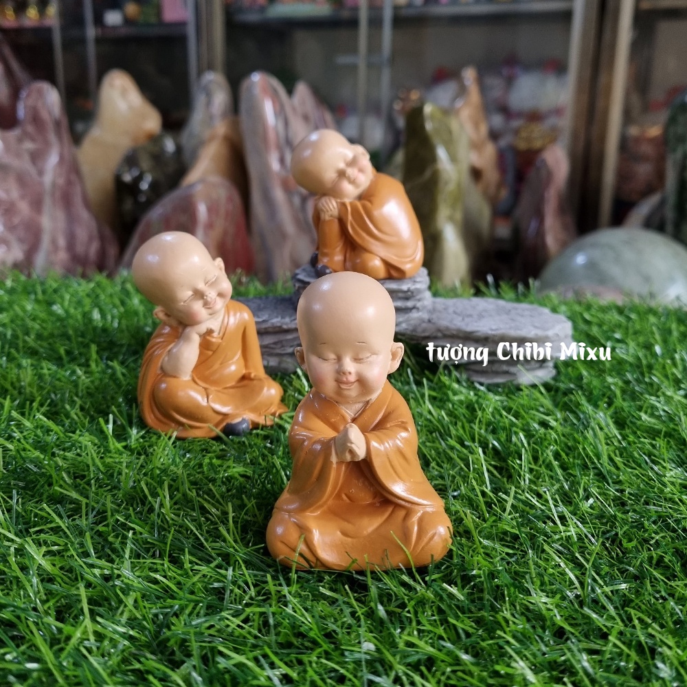 Bộ 03 chú tiểu áo nâu mẫu an nhiên kèm đế giả đá size nhỏ