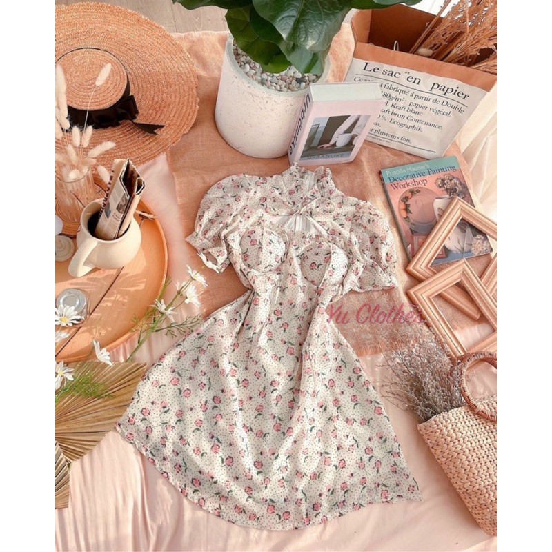 Đầm váy hoa cổ bèo cutout nơ có mút ngực dày dặn xoè.