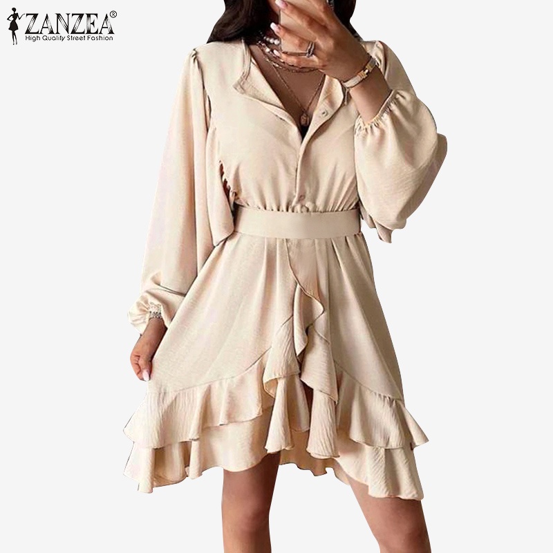 Đầm mini Zanzea cổ tròn tay phồng xếp ly thời trang cho nữ