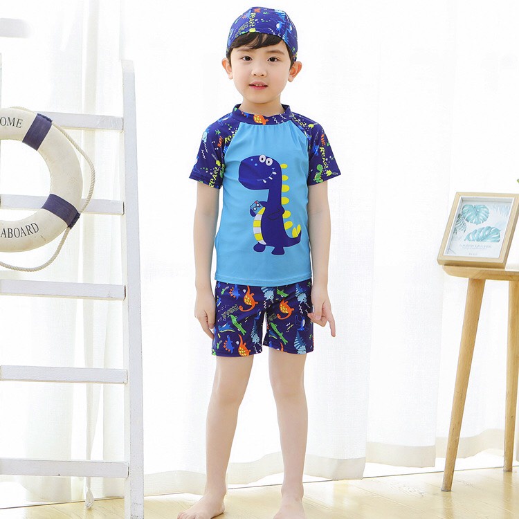 Bộ đồ bơi bé trai 4 - 13 tuổi năng động họa tiết hoạt hình tặng kèm mũ bơi