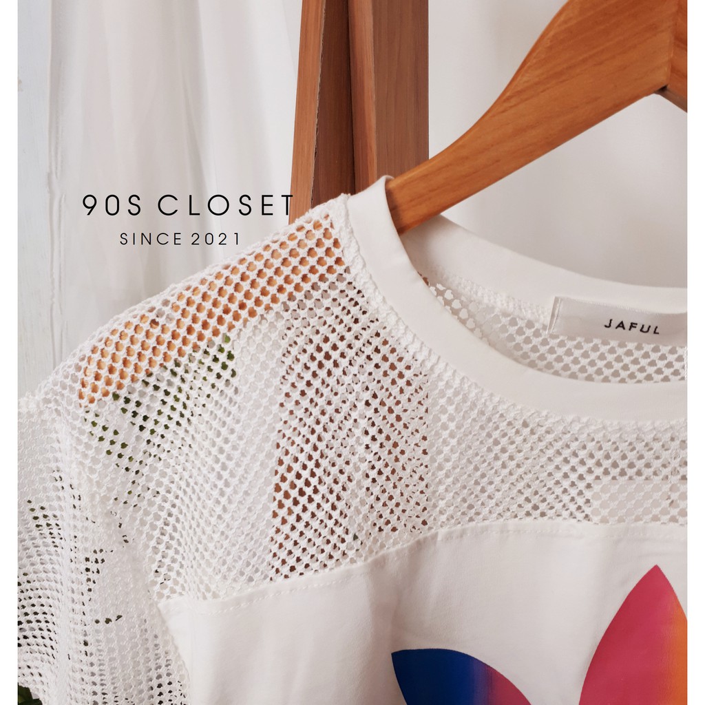 [Ảnh tự chụp] Áo thun kiểu phối lưới in hình adidas cầu vồng - áo thun croptop