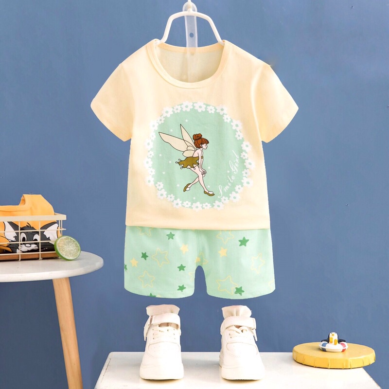 Bộ Cộc Tay Bé Trai Bé Gái Siz Đại Tianshi Xuất Hàn Cotton Mềm Thấm Hút Tốt Bộ Quần Áo Bé Gái In Hình Dễ Thương
