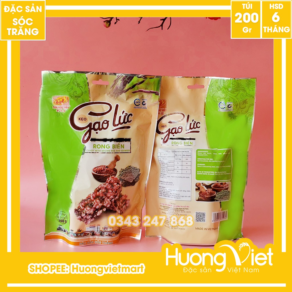 Kẹo gạo lức rong biển giòn tan Tân Huê Viên 200g, kẹo gạo lứt Sóc Trăng