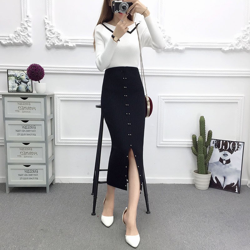 [Mã FAGREEN55 giảm 10% tối đa 30k đơn từ 99k] Chân váy len midi giá rẻ dáng dài xẻ tà có cúc phía trước | BigBuy360 - bigbuy360.vn