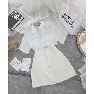 Set sơ mi trắng túi nắp + chân váy kaki