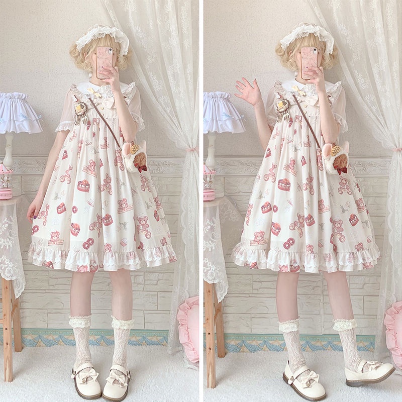 Đầm Lolita Hai Dây Họa Tiết Gấu Dễ Thương Cho Bé Gái