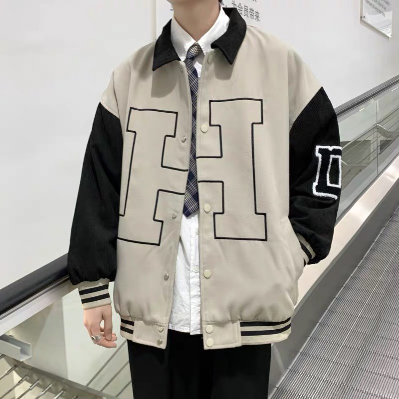 BOMBER. ÁO KHOÁC BOMBER KAKI PHỐI NHUNG GÂN THÊU CHỮ H UNISEX - FORM RỘNG CHẤT KAKI 2 LỚP DÀY, NHUNG GÂN MỊN, NAM NỮ