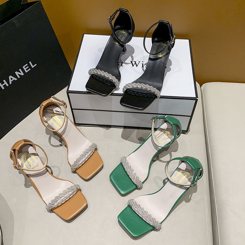 Giày Sandal Cao Gót Hở Ngón Mũi Vuông Đính Đá Thời Trang Mùa Hè Hàn Quốc 2022 Dành Cho Bạn Nữ