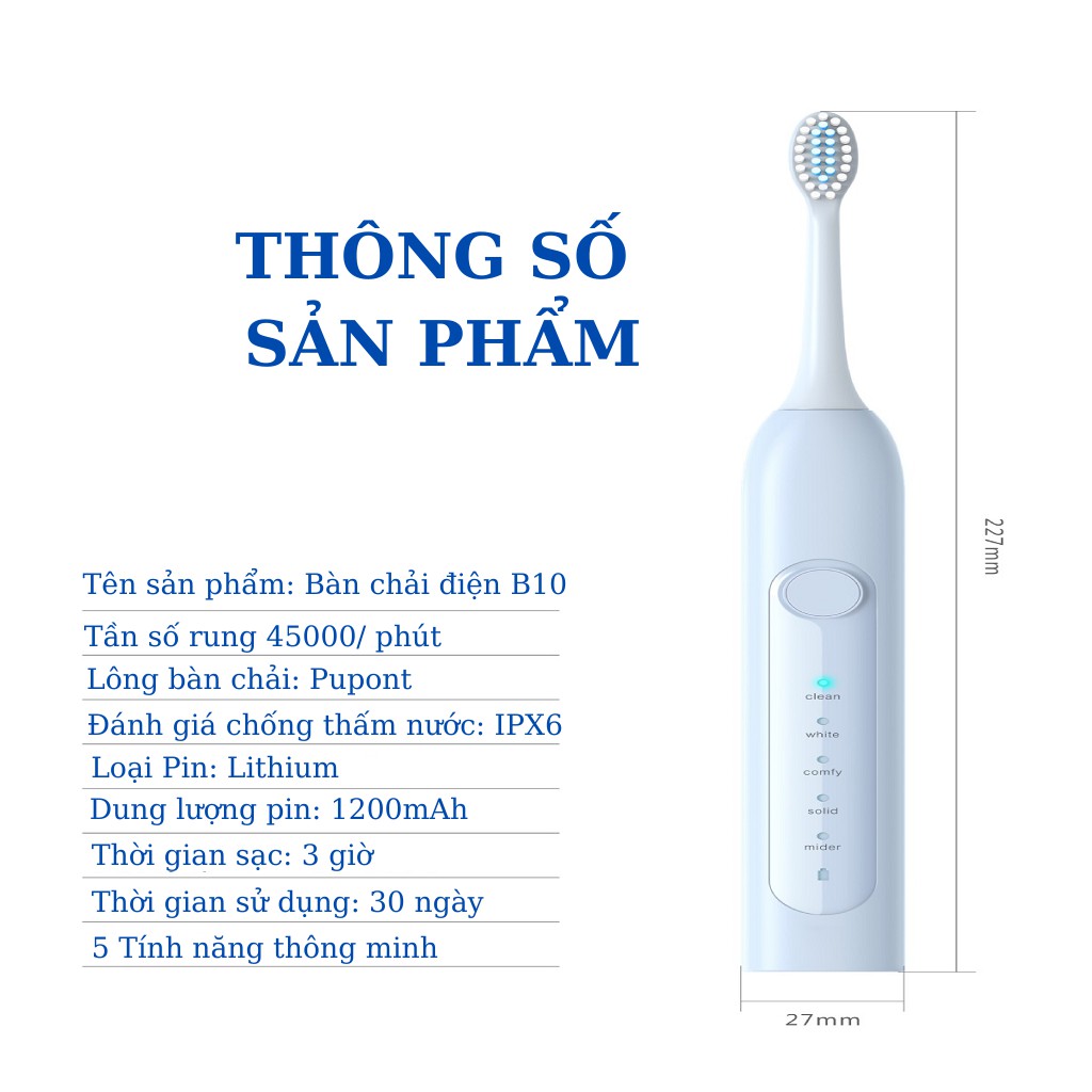 Bàn chải điện sử dụng pin, bàn trải điện đánh răng mềm tự động thông minh 5 chế độ