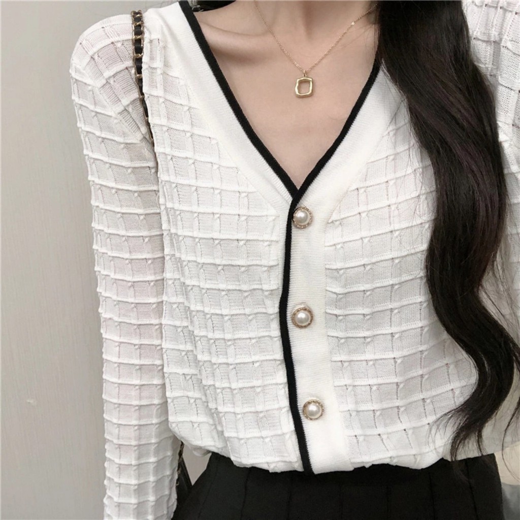 CHIKITO | Áo Len Cardigan Tay Dài Cổ V - Áo Kiểu Khoác Croptop Quảng Châu 2 Màu Trắng - Đen Kiểu Dáng Ulzzang