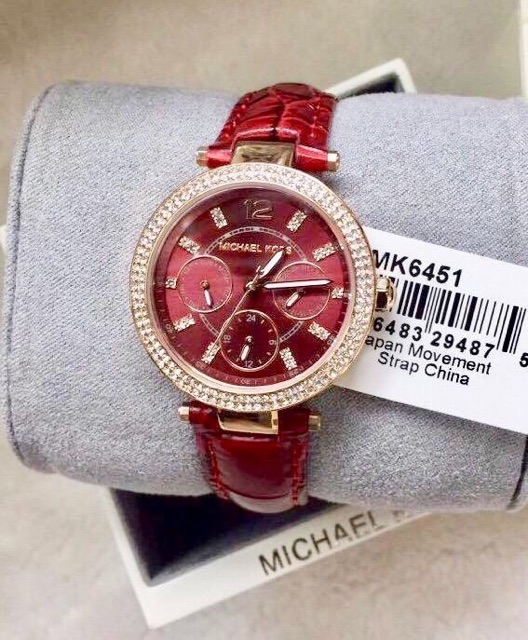 ♥️Đồng Hồ Nữ MICHAEL KORS MK6451 Parker Crystallized Burgundy Dial Multifunction Burgundy Leather Band Watch 33mm