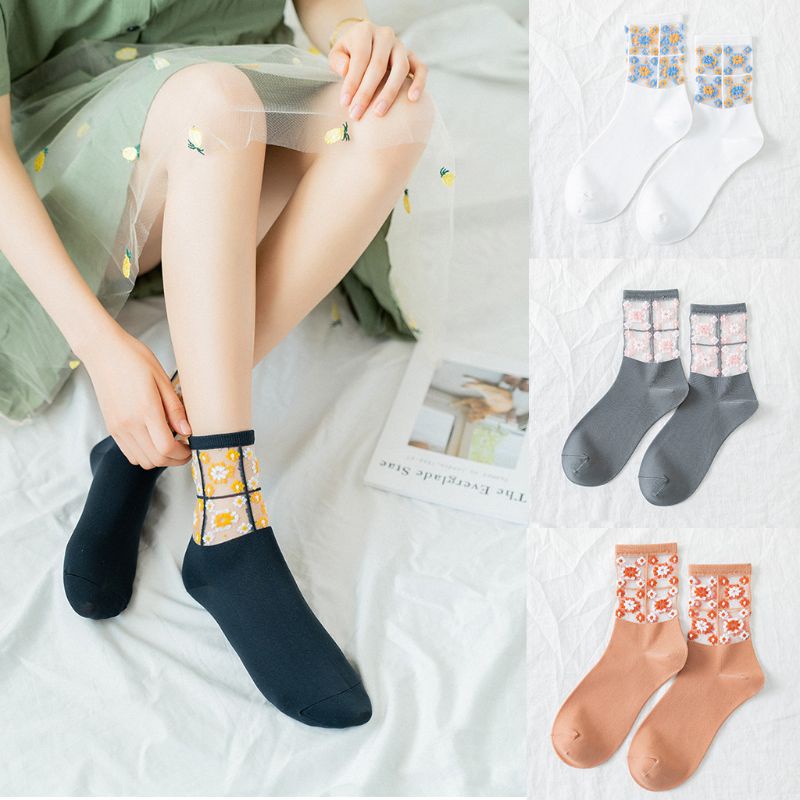 Youyo Vớ Lưới Jacquard Siêu Mỏng Xuyên Thấu Ghép Vải Hoa Cúc Dài Tới Mắt Cá Chân Phong Cách Hàn Quốc Cho Nữ