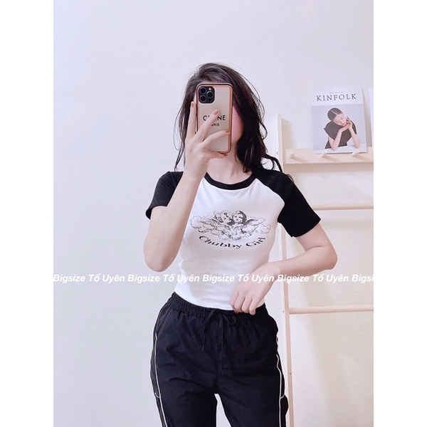 (T.U Bigsize 50-80kg) Áo Croptop Phối Tay In Hình Babe Chubby | BigBuy360 - bigbuy360.vn