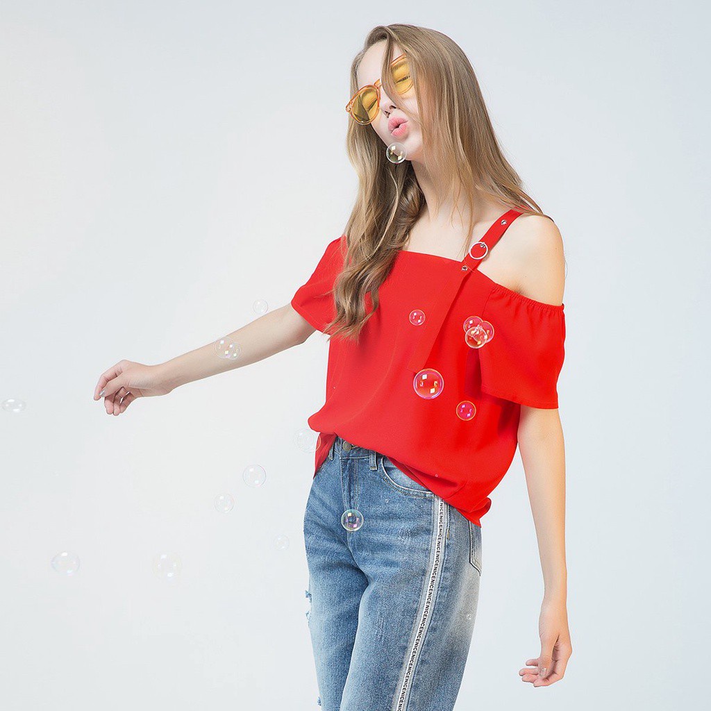 Áo sơ mi ngắn tay trơn màu đỏ cách điệu Lagogo