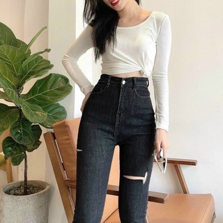 Jeans dài nữ lưng cao co giãn rách pt