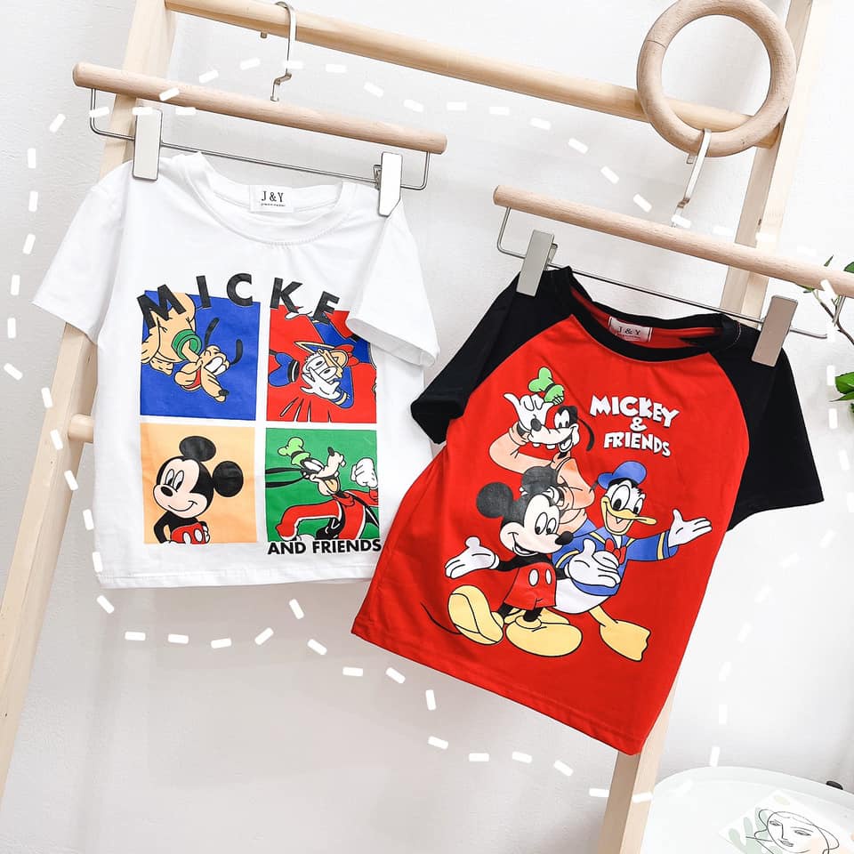 áo thun bé trai bé gái cộc tay combo 2 áo phông đỏ trắng mickey and friend kèm túi đựng cho bé