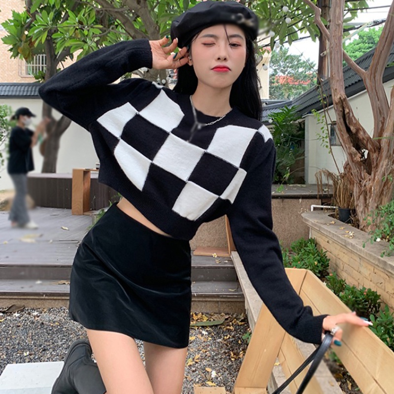 Áo croptop dệt kim tay dài cổ tròn phong cách thời trang hàn quốc dành cho nữ