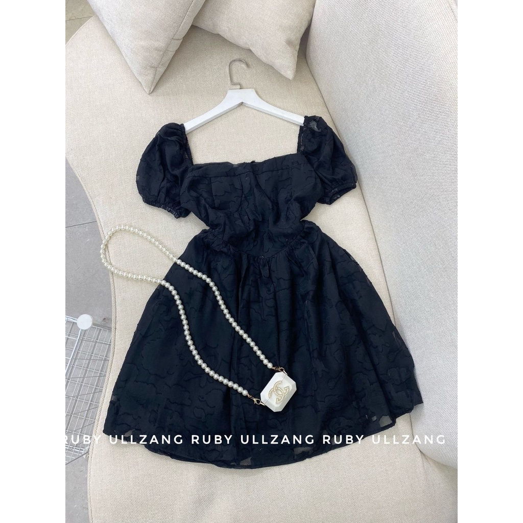 Đầm babydoll tiểu thư cổ vuông dáng xòe chất von hoa nổi dễ thương có size đầm kiểu xòe công chúa Orange Closet D1146