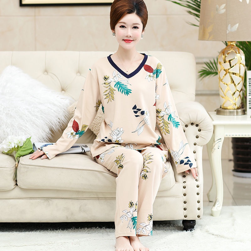 Bộ đồ phục vụ tại nhà cho bà mẹ trung niên và lớn tuổi bằng vải cotton dài tay mùa xuân thu