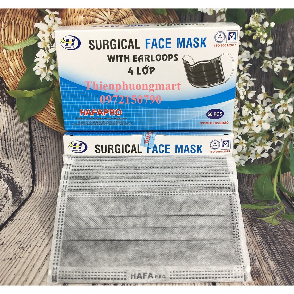 Khẩu trang Xám 4 lớp Hafapro hộp 50 cái - Khẩu trang y tế Hafapro 4 lớp vải không dệt