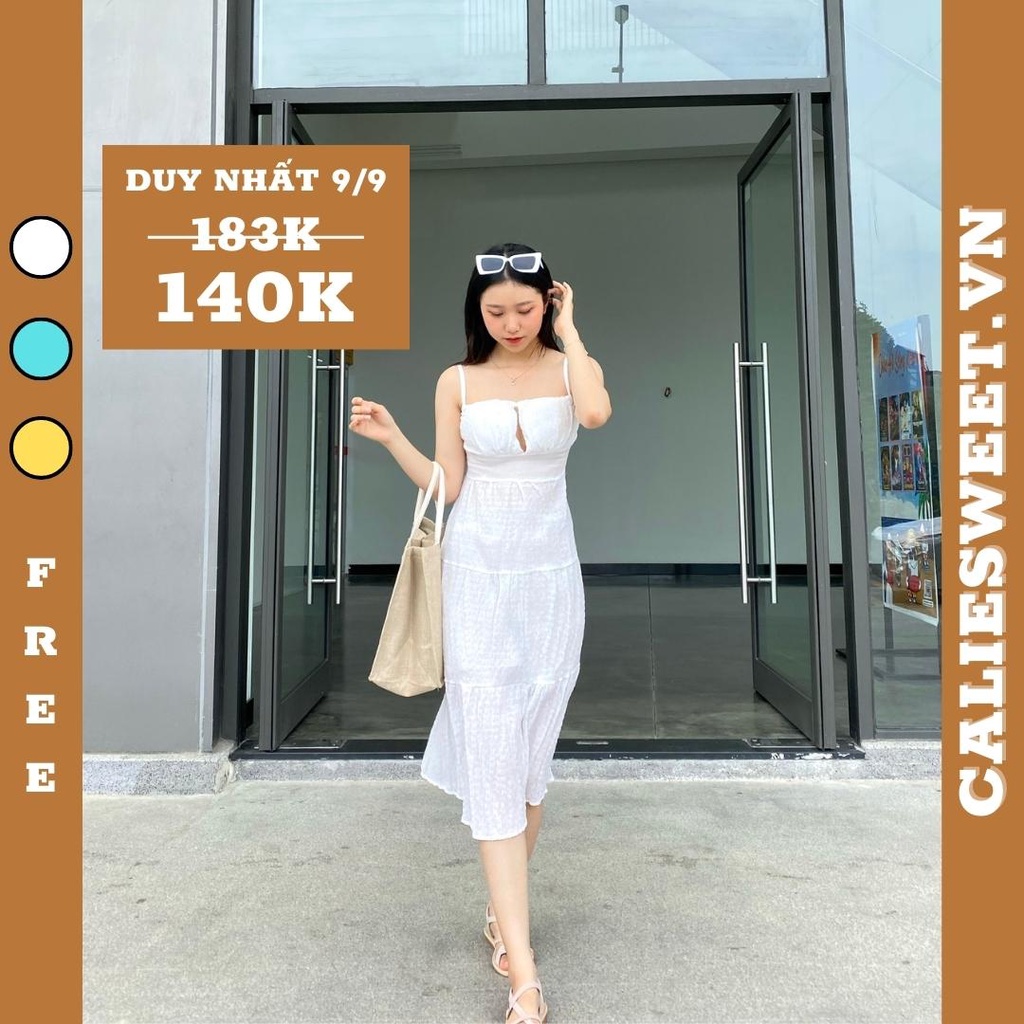 Váy 2 dây đi biển Caliesweet đầm maxi 2 dây khoét ngực quyến rũ CLS023