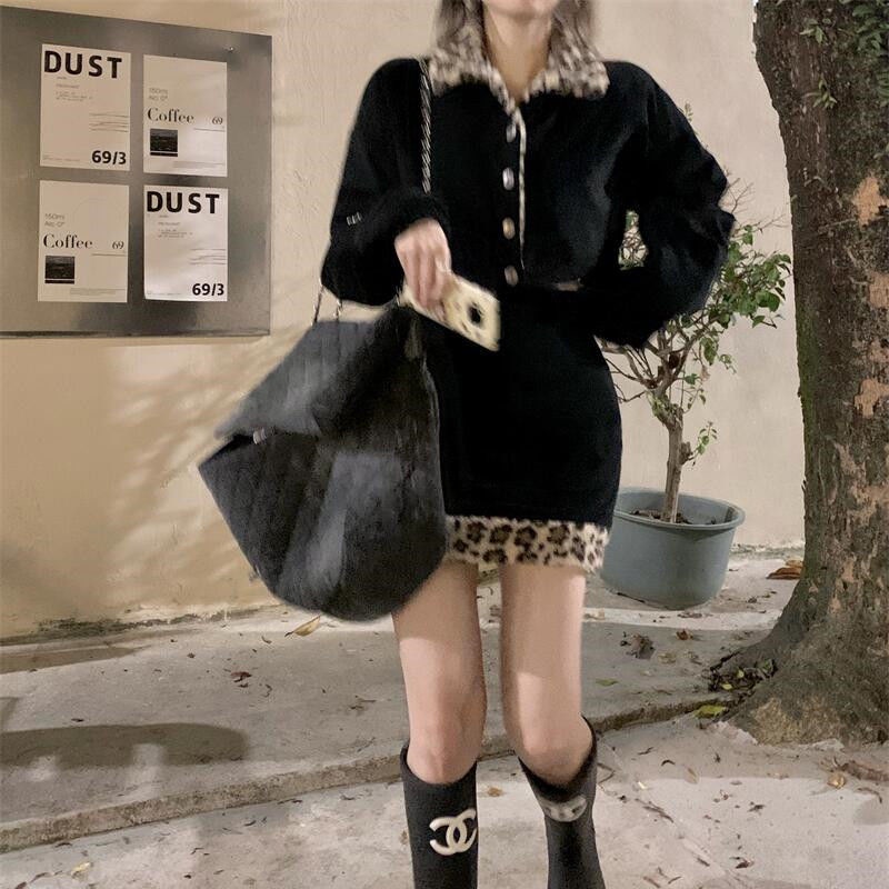 Bộ Áo Khoác Lông Cừu In Họa Tiết Da Báo Phối Chân Váy Nữ Tính