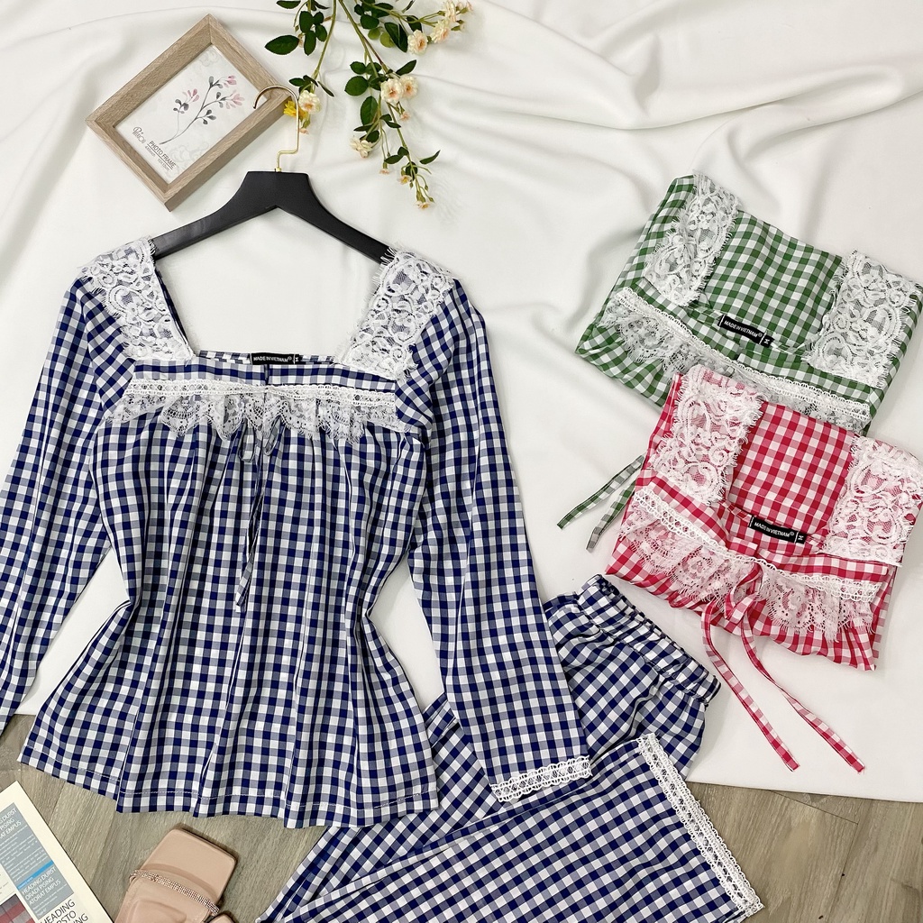 Đồ bộ nữ Bigsize thu đông, set caro áo tay dài quần dài phối viền ren cực xinh xắn dành cho nàng béo 55-90kg