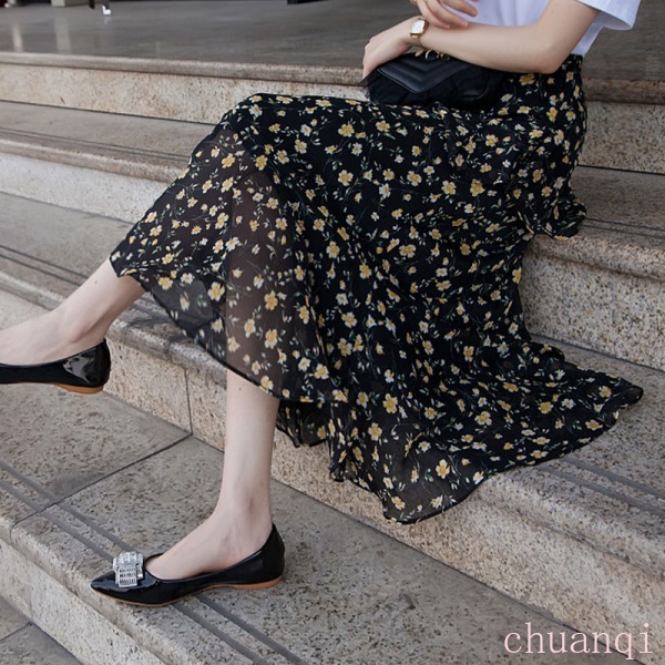 Chân váy voan hoa lưng cao xếp ly thời trang mùa hè