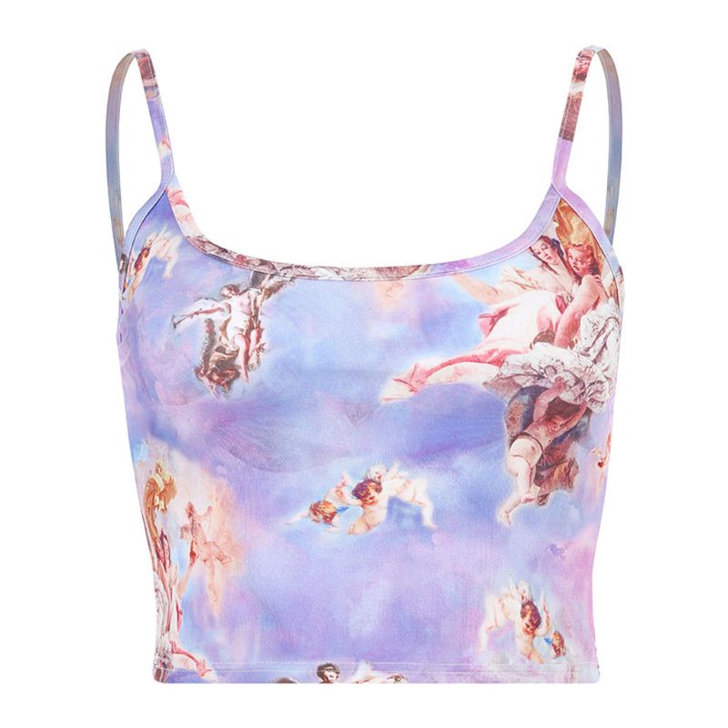 Xiangbao Áo Crop Top Hai Dây Spaghetti Gợi Cảm Mùa Hè Hình Thiên Thần Tình Yêu Cupid Kỹ Thuậ